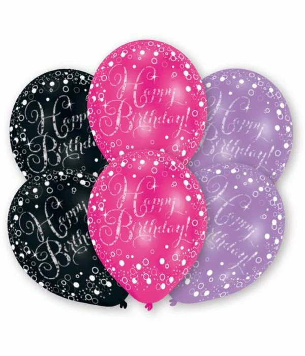 6 Happy Birthday Ballonnen Pink, Paars En Zwart 3 6 Happy Birthday Ballonnen Pink, Paars En Zwart