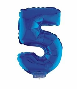 Folieballon Klein Cijfer '5' Blauw Met Stokje (41cm)