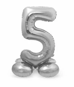 Zilverkleurig Folieballon Cijfer 5 Op Standaard (72 Cm)